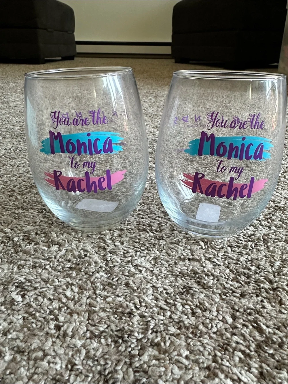 Friends Monica to my Rachel Stemless Wine Glass - Purple, Teal & Pink